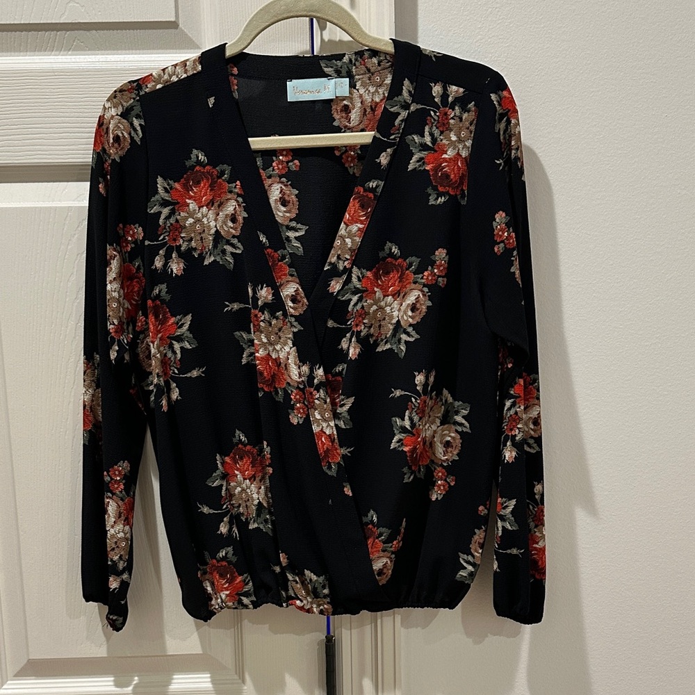 Veronica M Black and Red Floral Wrap Blouse
